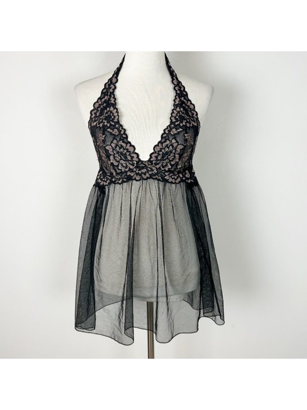 Y2K Victoria’s Secret Black Sheer Mesh Slip Floral Halter‎ Size Medium Women's